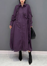 Women Purple Peter Pan Collar Ruffled Cotton Long Dress Spring