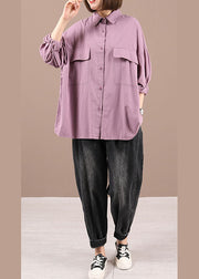 Women Purple PeterPan Collar Button Pockets Fall Shirt Long Sleeve