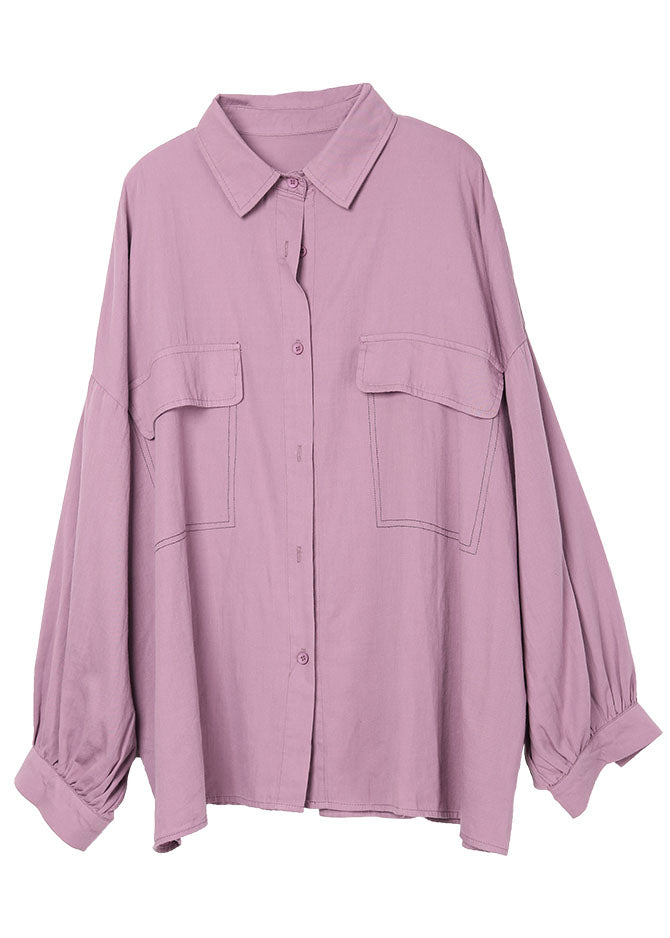 Women Purple PeterPan Collar Button Pockets Fall Shirt Long Sleeve