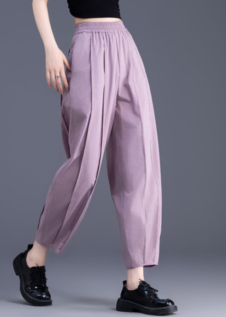 Women Purple Pockets Patchwork Elastic Waist Cotton Crop Pants Fall