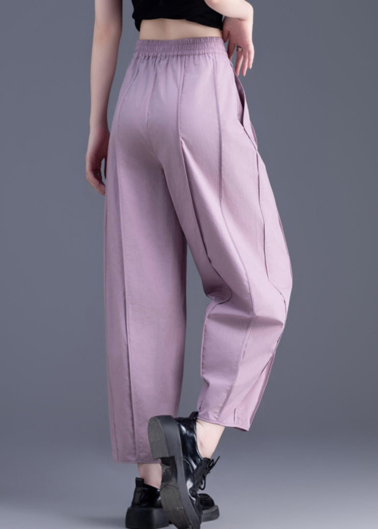 Women Purple Pockets Patchwork Elastic Waist Cotton Crop Pants Fall