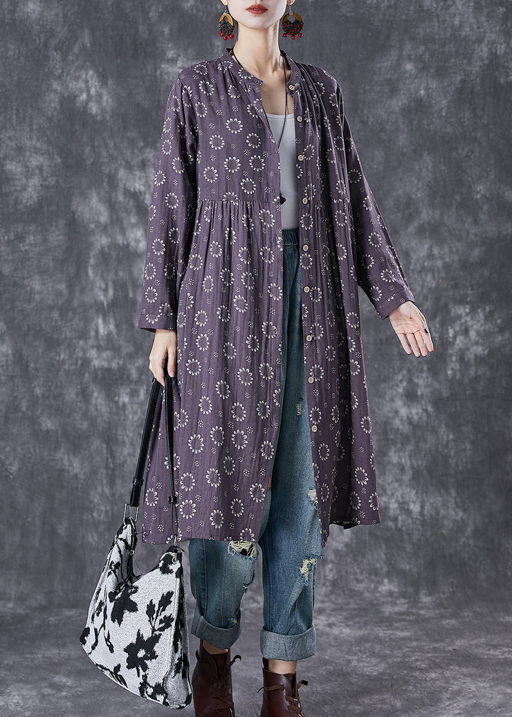 Women Purple Print Button Down Cotton Dresses Fall