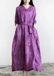 Women Purple Print Linen tie waist Summer Robe Dresses - SooLinen