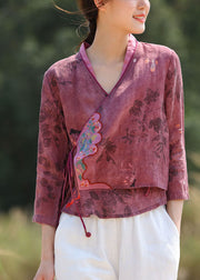Women Purple Red Embroidered tie waist V Neck Patchwork Linen Tops Spring