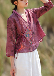 Women Purple Red Embroidered tie waist V Neck Patchwork Linen Tops Spring