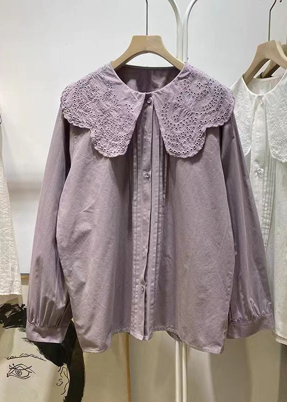 Women Purple Ruffled Hollow Out Cotton Blouse Tops Spring