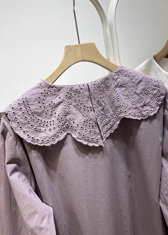Women Purple Ruffled Hollow Out Cotton Blouse Tops Spring