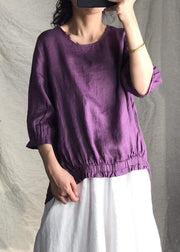 Women Purple Solid Linen Shirt Tops Half Sleeve