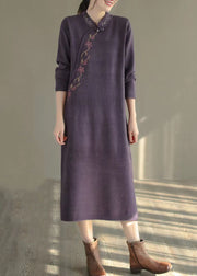 Women Purple Stand Collar Embroidered Knit Sweater Dress Winter