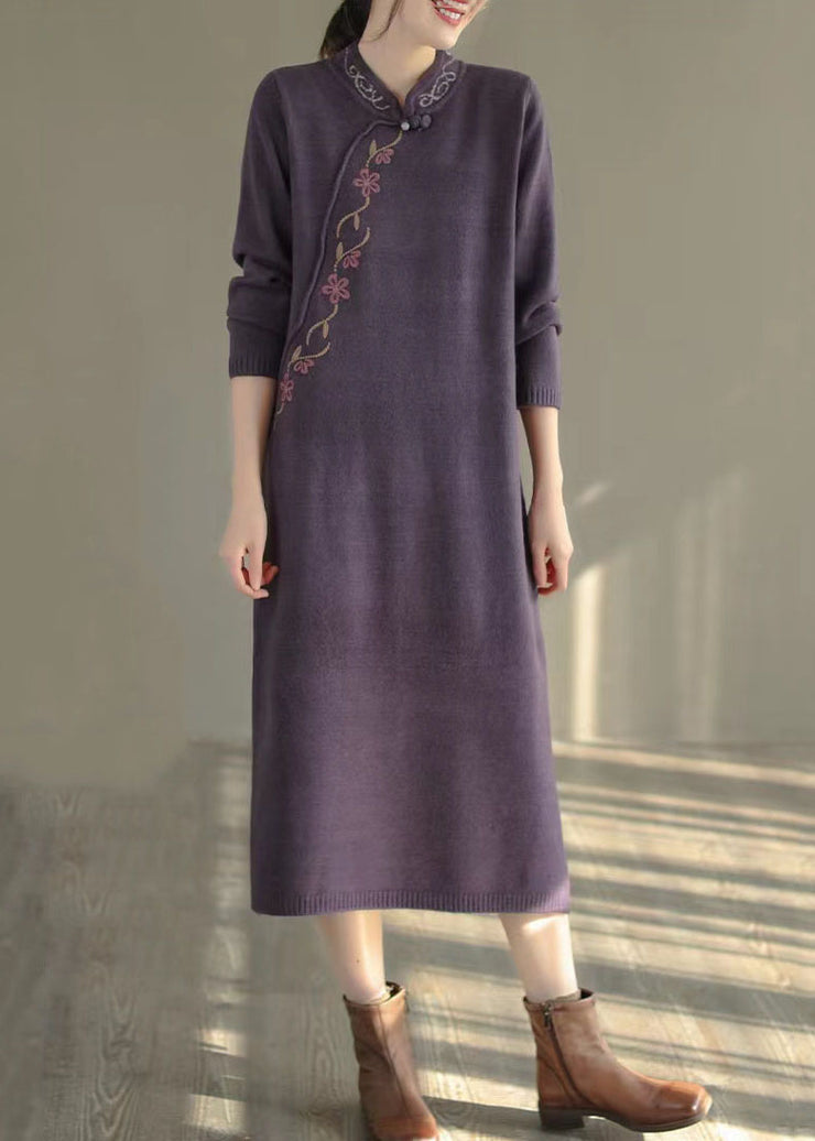 Women Purple Stand Collar Embroidered Knit Sweater Dress Winter