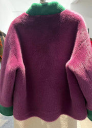 Women Purple Stand Collar Patchwork Oriental Button Mink Velvet Coats Winter