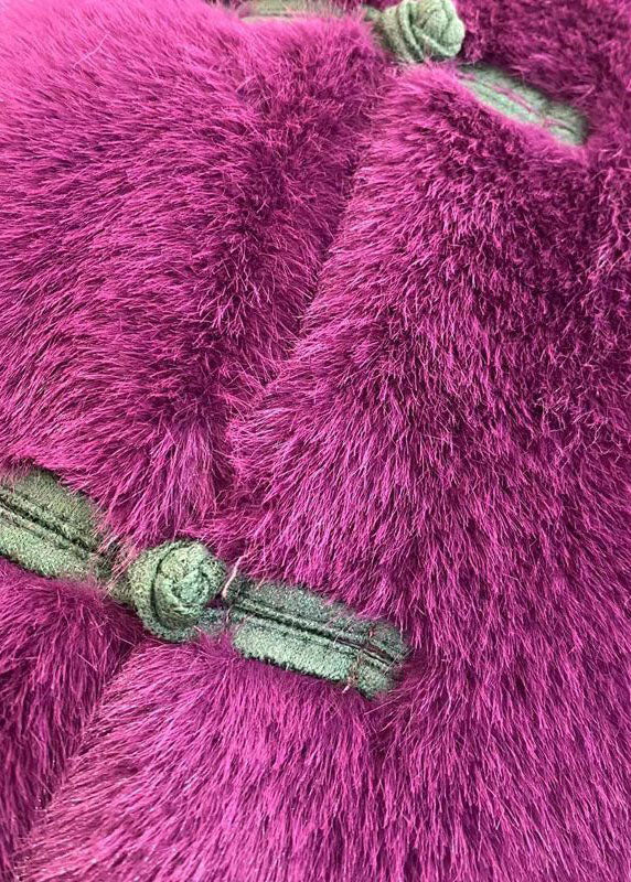 Women Purple Stand Collar Patchwork Oriental Button Mink Velvet Coats Winter