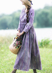Women Purple Striped Quilting Dresses Patchwork Two Ways To Wear long Spring Dress - SooLinen
