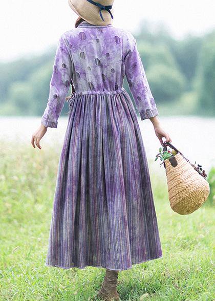 Women Purple Striped Quilting Dresses Patchwork Two Ways To Wear long Spring Dress - SooLinen