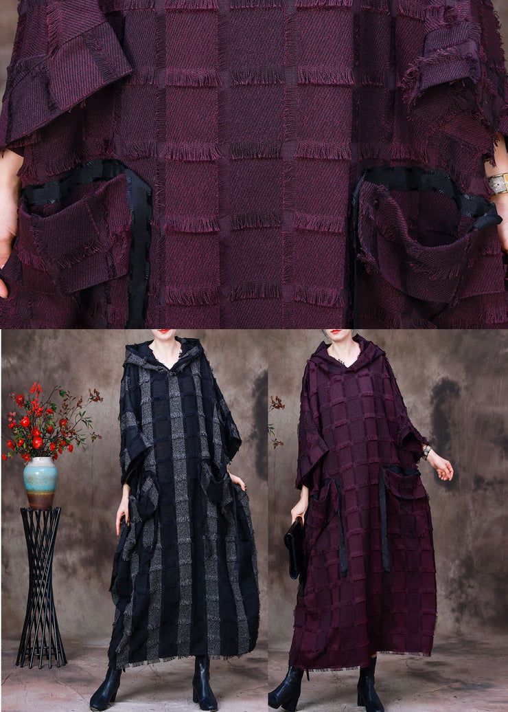 Women Purple Striped Silk Cotton Hooded Dresses Long Sleeve
