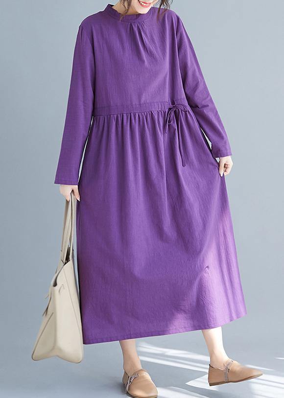 Women Purple Tunics Stand Collar Drawstring Spring Dress - SooLinen