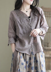 Lila Leinenhemd mit V-Ausschnitt und halben Ärmeln
