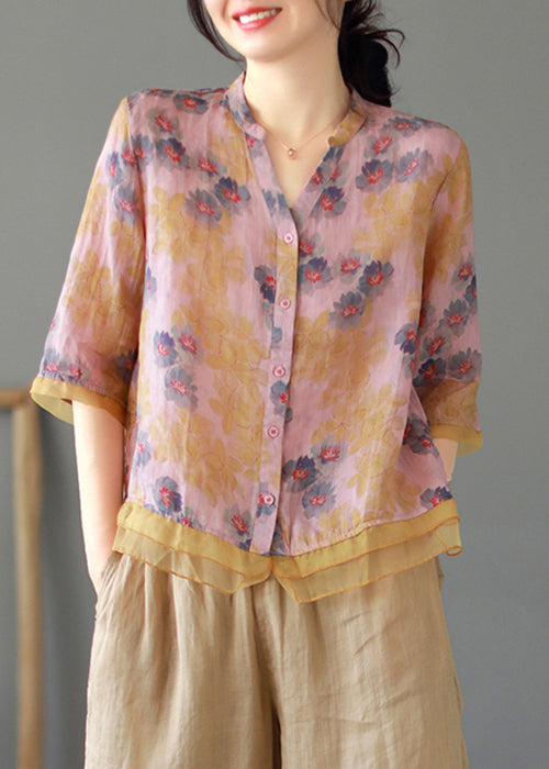 Women Purple V Neck Button Patchwork Linen Shirt Tops Summer