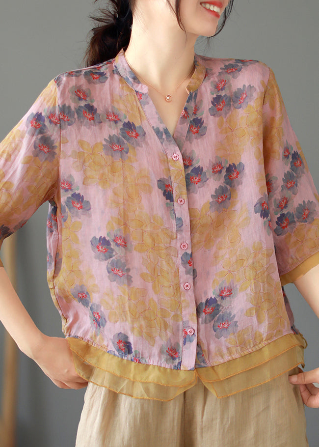Women Purple V Neck Button Patchwork Linen Shirt Tops Summer