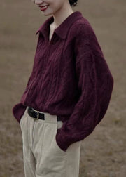 Women Purple V Neck Patchwork Cozy Cotton Knit Top Long Sleeve