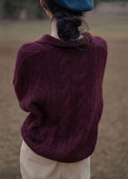 Women Purple V Neck Patchwork Cozy Cotton Knit Top Long Sleeve