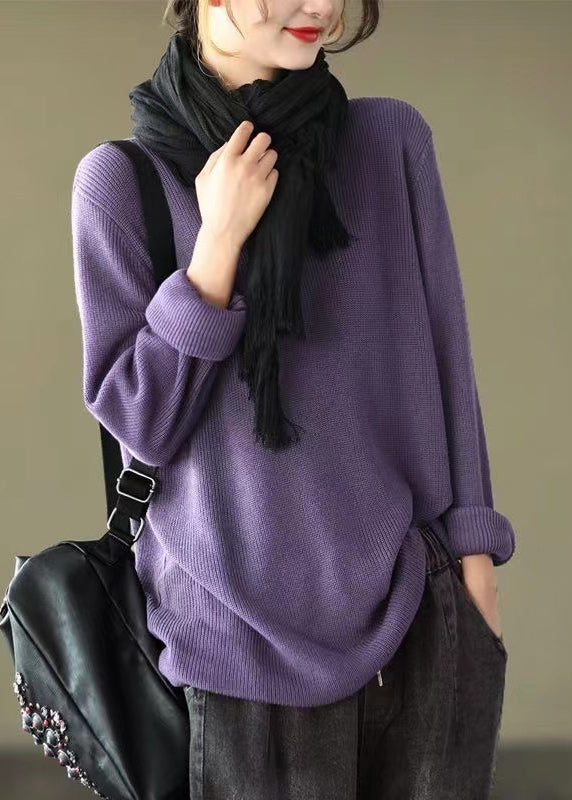 Women Purple V Neck Patchwork Knitting Cotton Tops Long Sleeve