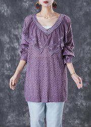 Women Purple V Neck Patchwork Lace Shirts Fall