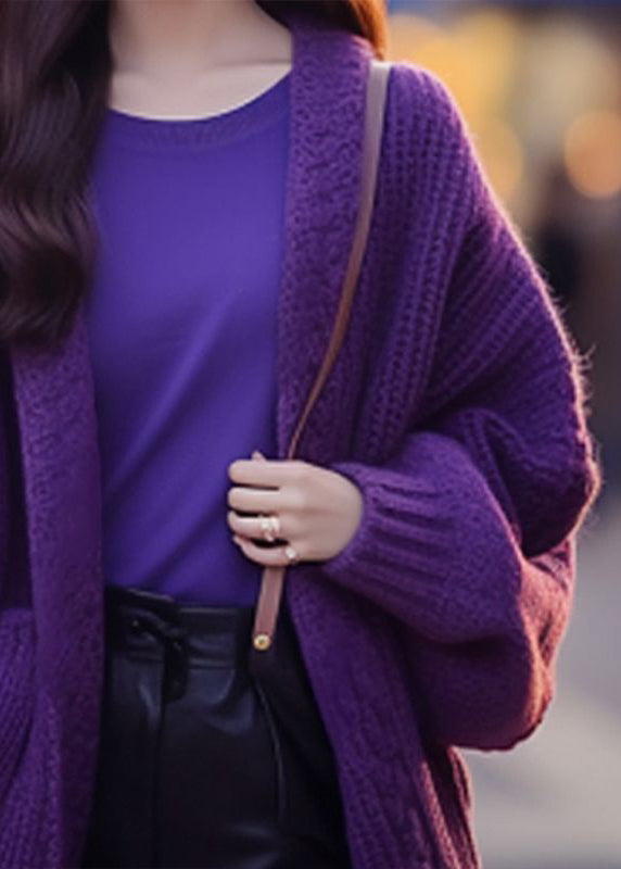 Women Purple V Neck Pockets Cotton Knit Cardigan Long Sleeve