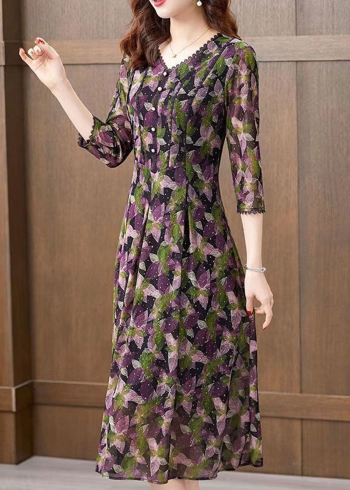 Women Purple V Neck Print Patchwork Tulle Dress Bracelet Sleeve