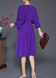 Women Purple V Neck Silm Fit Cotton Pleated Dress Fall