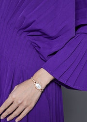 Women Purple V Neck Silm Fit Cotton Pleated Dress Fall
