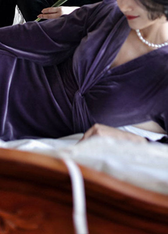 Women Purple V Neck Slim Fit Silk Velour Dresses Long Sleeve
