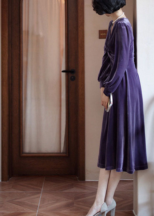 Women Purple V Neck Slim Fit Silk Velour Dresses Long Sleeve