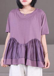 Women Purple Wrinkled Patchwork Cotton Loose Tank Tops Short Sleeve