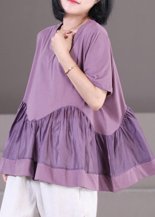 Women Purple Wrinkled Patchwork Cotton Loose Tank Tops Short Sleeve