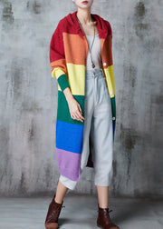 Women Rainbow Hooded Patchwork Knit Long Cardigans Spring