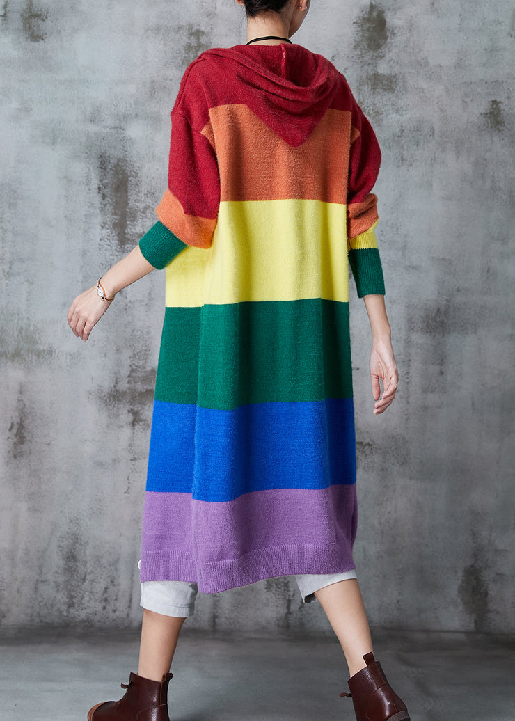 Women Rainbow Hooded Patchwork Knit Long Cardigans Spring