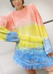 Women Rainbow O-Neck Ruffles Knit Fall Loose Long Sweater