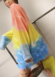 Women Rainbow O-Neck Ruffles Knit Fall Loose Long Sweater
