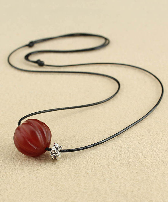 Women Red Agate Pumpkin Shaped Frosted Pendant Necklace
