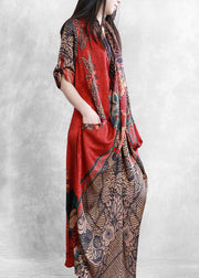 Women Red Asymmetrical Pockets Print Patchwork Silk Long Dress Summer
