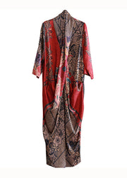 Women Red Asymmetrical Pockets Print Patchwork Silk Long Dress Summer
