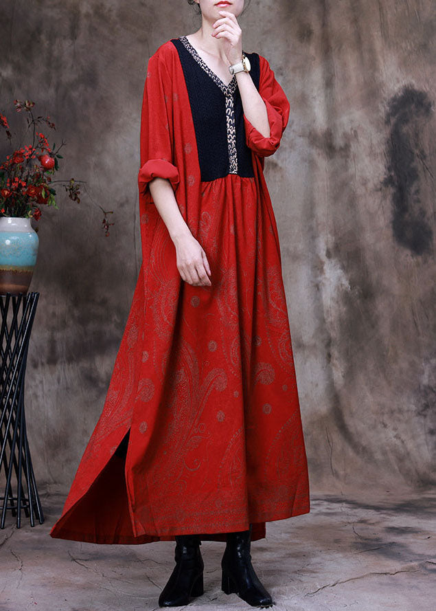 Frauen roter asymmetrischer Druck Velour Robe Kleider Frühling