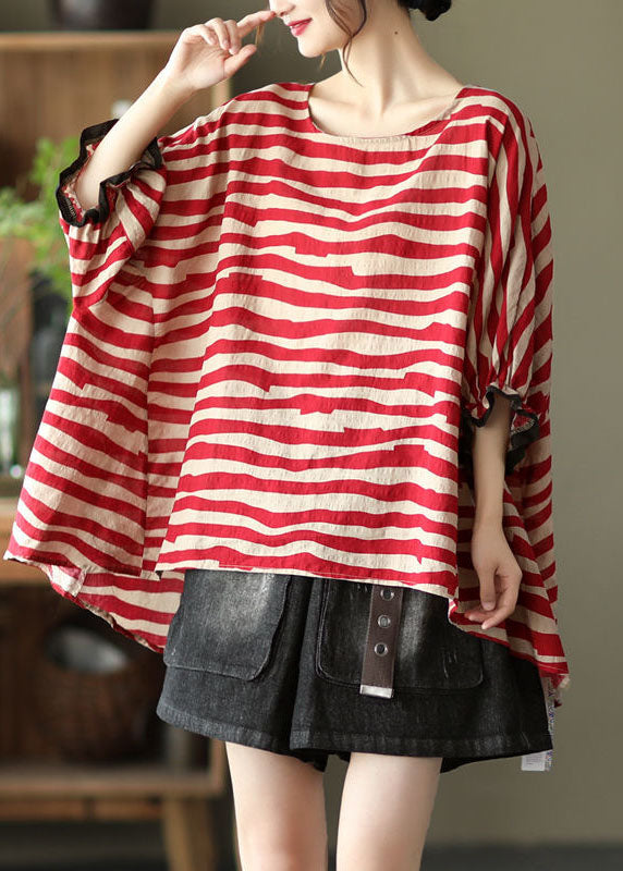 Women Red Asymmetrical Striped Cotton Pullover Spring