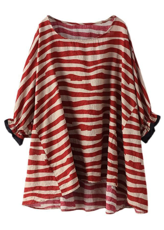 Women Red Asymmetrical Striped Cotton Pullover Spring