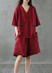 Women Red Button Patchwork Tops And Shorts Linen Two Pieces Set Summer