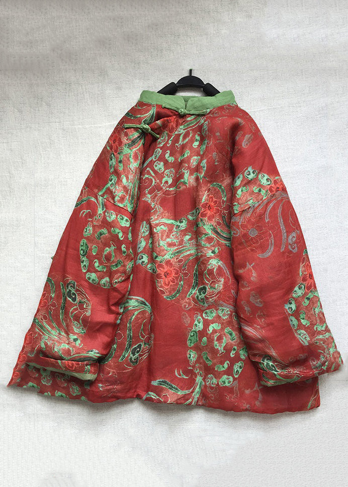 Women Red Button Print Cotton Filled Coats Long Sleeve