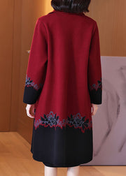 Women Red Button Print Patchwork Cotton Knit Coats Long Sleeve