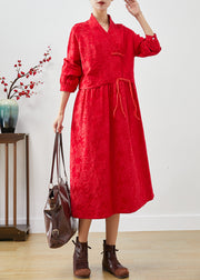 Women Red Chinese Button Jacquard Dresses Fall