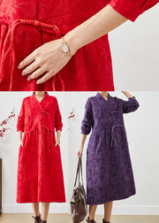 Women Red Chinese Button Jacquard Dresses Fall